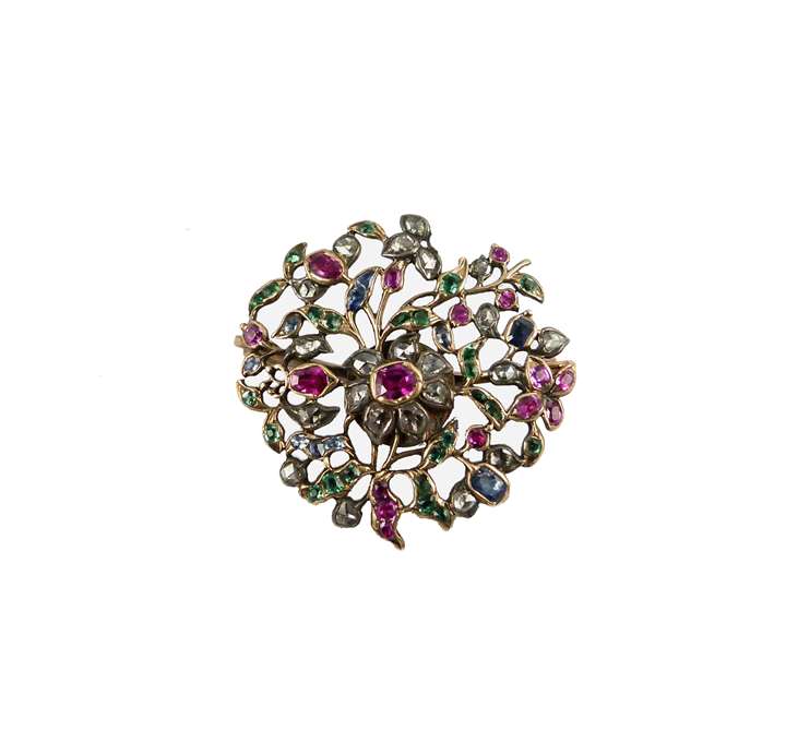 Antique circular ruby,emerald, sapphire and diamond giardinetti brooch